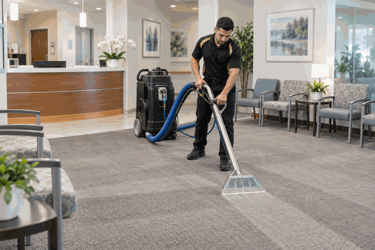 Worker extracting carpet in a commercial seating area